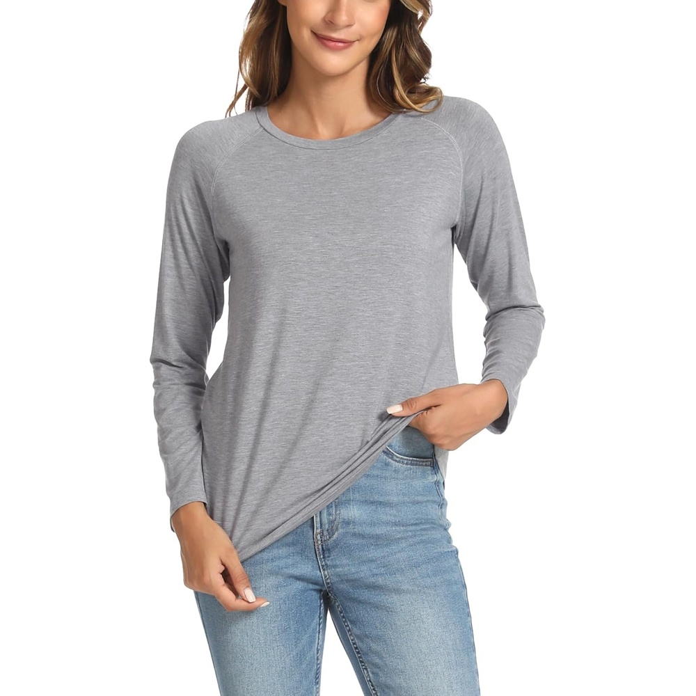 image:imageGYS Bamboo Viscose Womens Pajama Tops Long Sleeve Comfy Base Layer Tees Lightweight Stretchy PJ Tops ButterySoft Sleep Shirt Casual Crew Neck Lounge Top MoistureWicking TShirtHeather Grey
