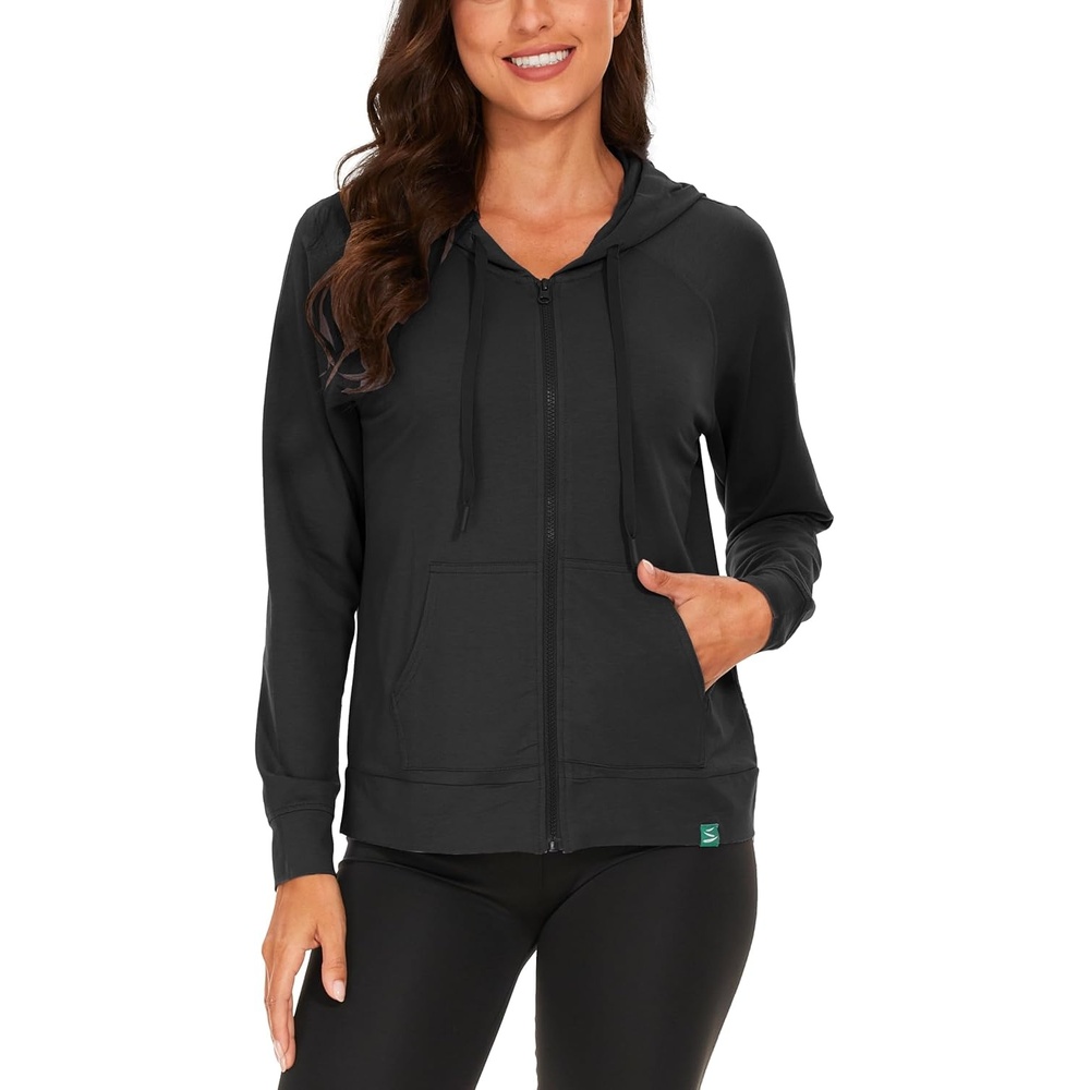 image:imageGYS Womens Bamboo Viscose Full Zip Lightweight Terry Hoodie Moisture wicking Breathable Soft stretch Full zip 2 pocket Lightweight terry for lounge amp casual wearBlack