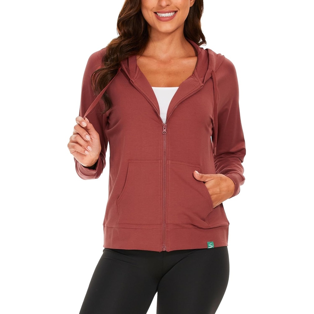 image:imageGYS Womens Bamboo Viscose Full Zip Lightweight Terry Hoodie Moisture wicking Breathable Soft stretch Full zip 2 pocket Lightweight terry for lounge amp casual wearBrick Red