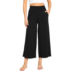 GYS Bamboo Viscose Women’s Capri Pajama Pants, Black, Small | Soft Culottes Cropped Lounge Pants, Lightweight Flowy Yoga Pants, Knitted Gaucho Pants, Wide Leg, High Waist PJ Bottom