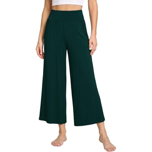 GYS Bamboo Viscose Women’s Capri Pajama Pants, Dark Green, Small | Soft Culottes Cropped Lounge Pants, Lightweight Flowy Yoga Pants, Knitted Gaucho Pants, Wide Leg, High Waist PJ Bottom