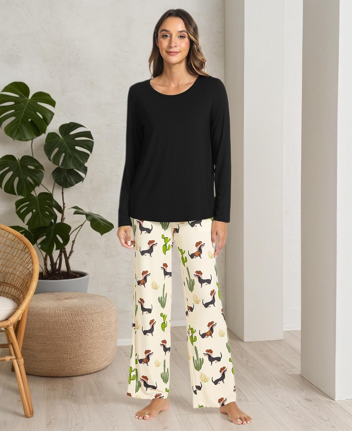image:imageGYS Bamboo Viscose Pajamas for Women Set Long Sleeve Crew Neck Sleepwear UltraSoft PJs Set with Pockets MoistureWicking Breathable Comfy Stretchy Night Sweats Hot SleepersBlackCactus