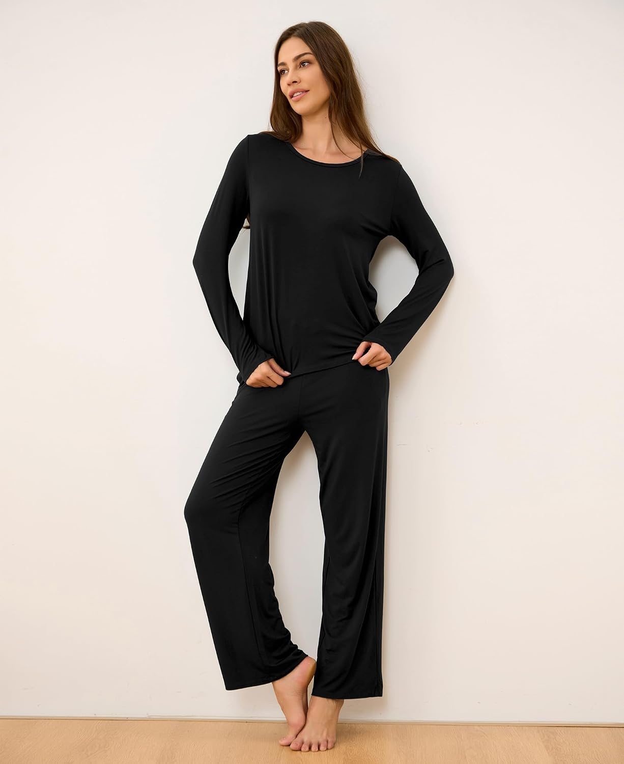 image:imageGYS Bamboo Viscose Pajamas for Women Set Long Sleeve Crew Neck Sleepwear UltraSoft PJs Set with Pockets MoistureWicking Breathable Comfy Stretchy Night Sweats Hot SleepersBlack
