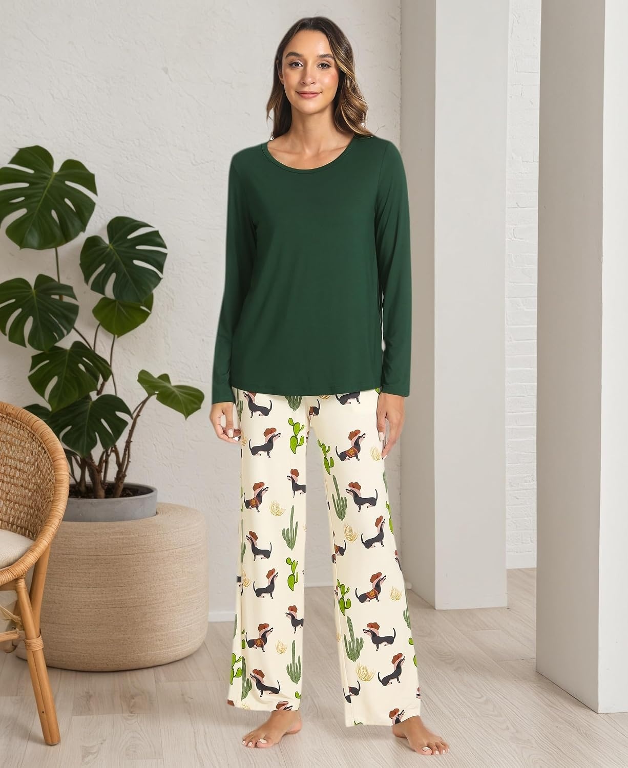 image:imageGYS Bamboo Viscose Pajamas for Women Set Long Sleeve Crew Neck Sleepwear UltraSoft PJs Set with Pockets MoistureWicking Breathable Comfy Stretchy Night Sweats Hot SleepersDark GreenCactus