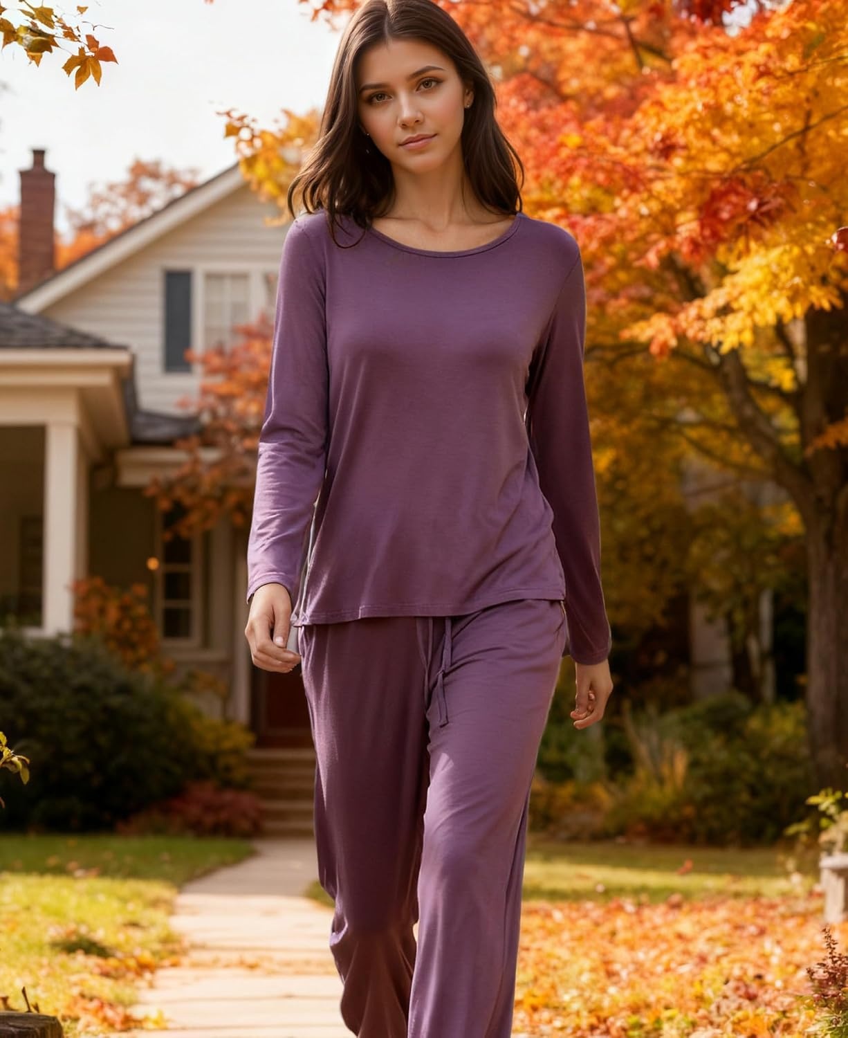 image:imageGYS Bamboo Viscose Pajamas for Women Set Long Sleeve Crew Neck Sleepwear UltraSoft PJs Set with Pockets MoistureWicking Breathable Comfy Stretchy Night Sweats Hot SleepersAir Purple