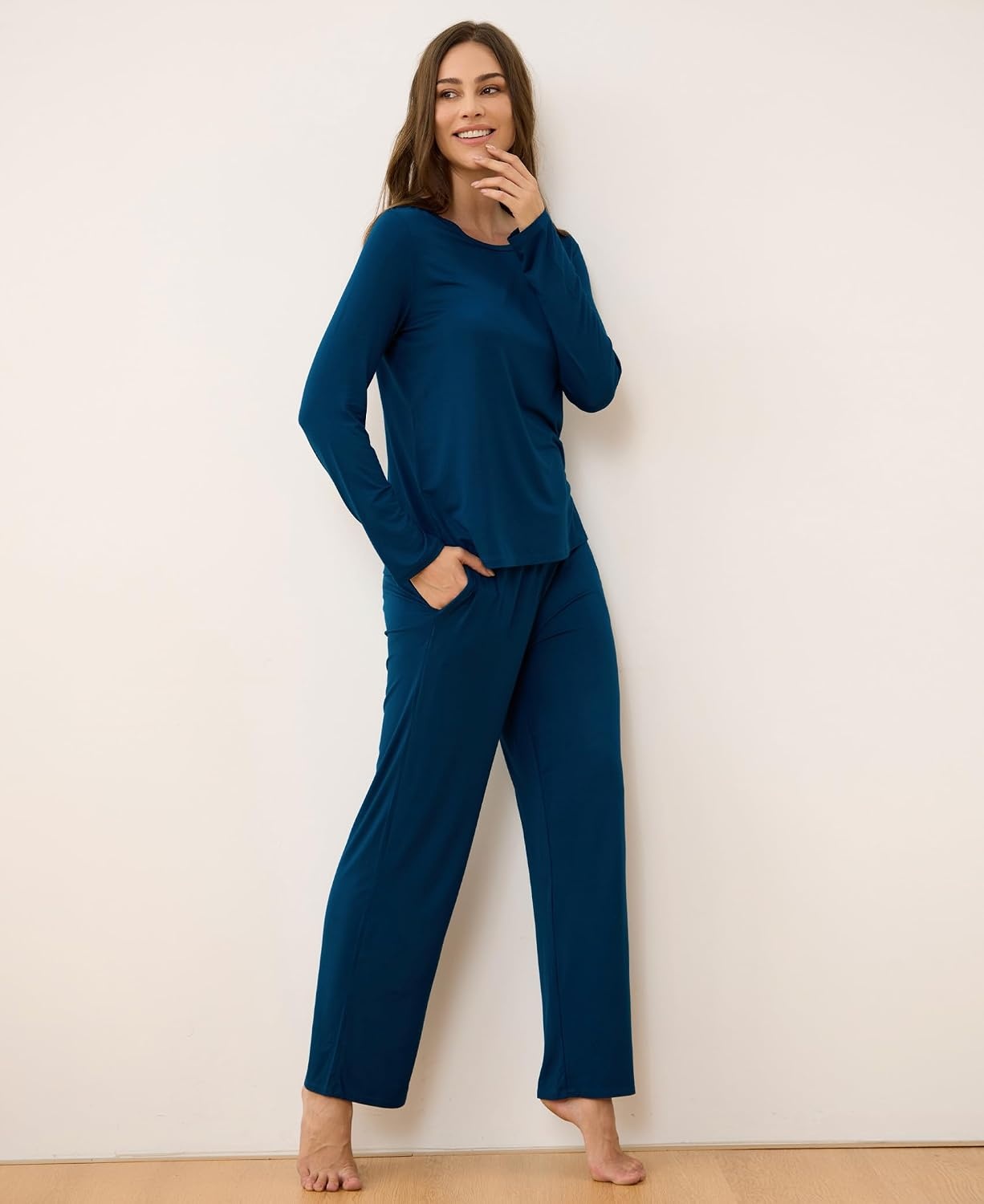 image:imageGYS Bamboo Viscose Pajamas for Women Set Long Sleeve Crew Neck Sleepwear UltraSoft PJs Set with Pockets MoistureWicking Breathable Comfy Stretchy Night Sweats Hot SleepersInk Blue