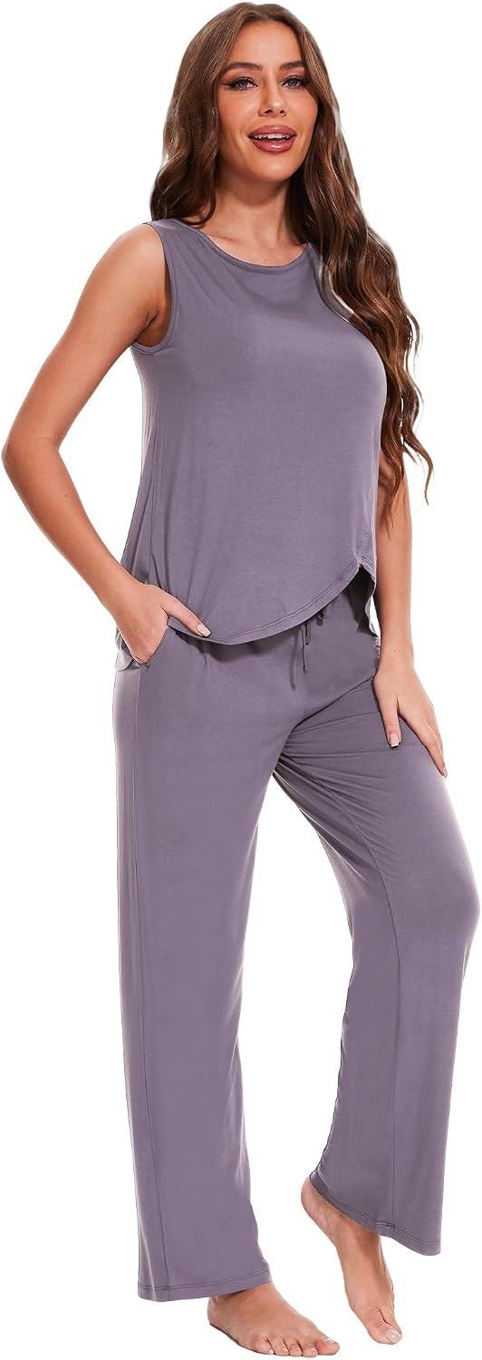 image:imageGYS Bamboo Viscose Pajamas for Women Set Sleeveless Lightweight Sleepwear MoistureWicking PJs Set UltraSoft Soft Tank and Drawstring Pants Set Hot Sleepers Night SweatsViolet