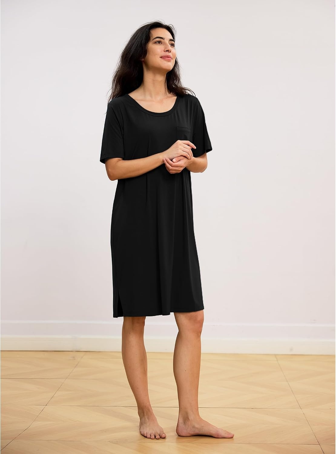 image:imageGYS Bamboo Viscose Short Sleeve Nightgowns for Women Cooling Sleepwear for Hot Sleepers Night Sweats MoistureWicking Night Shirts Soft Crew Neck Sleep DressBlack