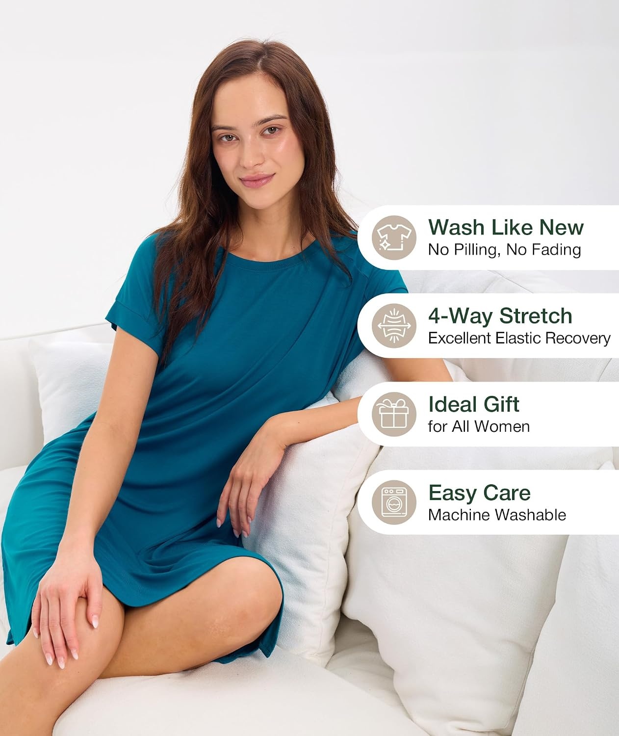 image:imageGYS Womens Bamboo Viscose Crew Neck Nightgown Cooling for Hot Flashes Moisture wicking Breathable Tagless Short sleeve Soft stretch for night sweats amp summer sleepTeal Blue