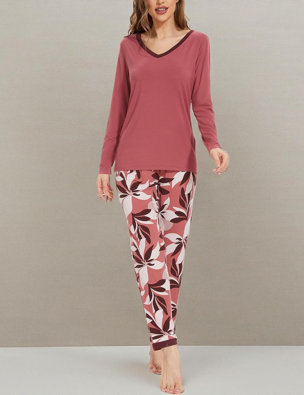 image:imageGYS Womens Bamboo Viscose Long Sleeve Pajamas Set Super Soft Sleepwear Cooling Pjs for Hot Flashes amp Night Sweats MoistureWicking for Menopause OEKOTEX CertifiedD Ash RosePlants