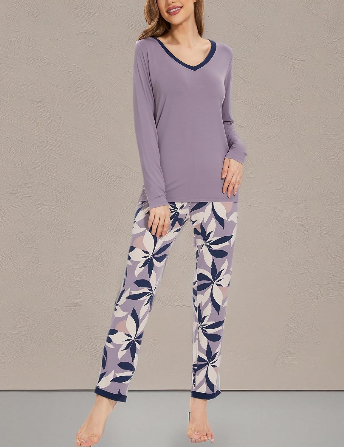 image:imageGYS Womens Bamboo Viscose Long Sleeve Pajamas Set Super Soft Sleepwear Cooling Pjs for Hot Flashes amp Night Sweats MoistureWicking for Menopause OEKOTEX CertifiedD VioletPlants