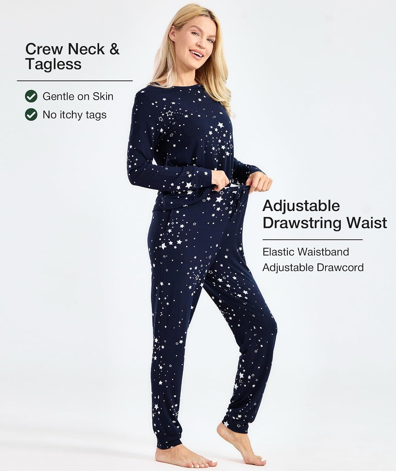 image:imageGYS Womens Bamboo Viscose Pajama Set Cooling for Hot Flashes Breathable Soft stretch Elastic waist with drawstring Jogger cuffs Chest amp side pockets for night sweats amp loungeBlue Stars