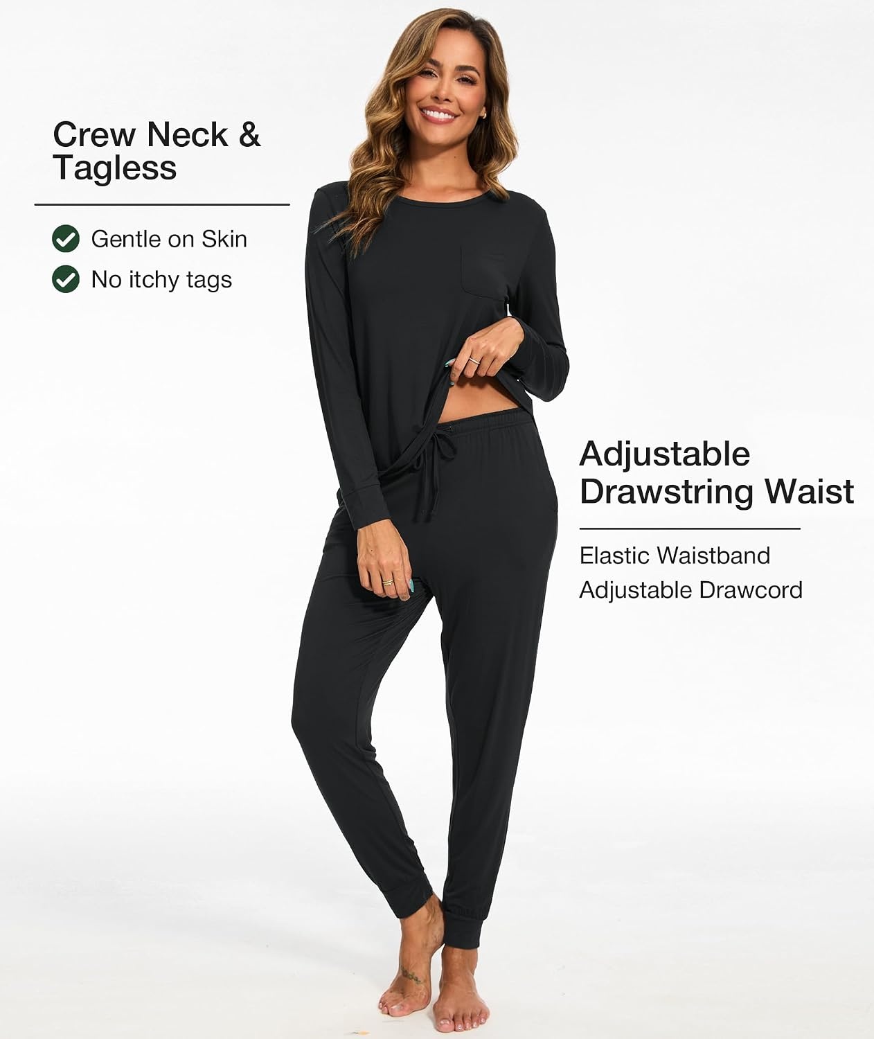 image:imageGYS Womens Bamboo Viscose Pajama Set Cooling for Hot Flashes Breathable Soft stretch Elastic waist with drawstring Jogger cuffs Chest amp side pockets for night sweats amp loungeBlack
