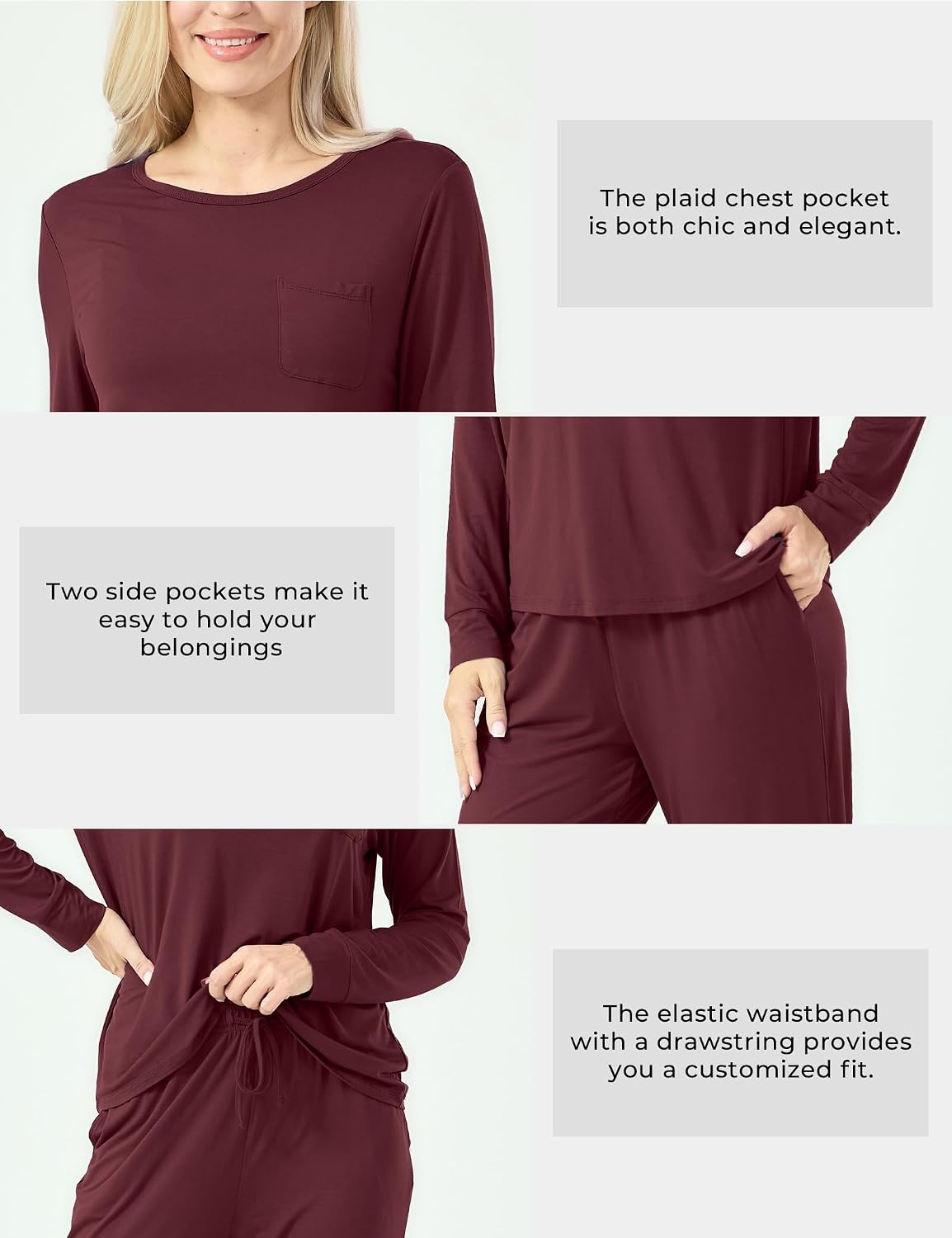 image:imageGYS Womens Bamboo Viscose Pajama Set Cooling for Hot Flashes Breathable Soft stretch Elastic waist with drawstring Jogger cuffs Chest amp side pockets for night sweats amp loungeFicus Red