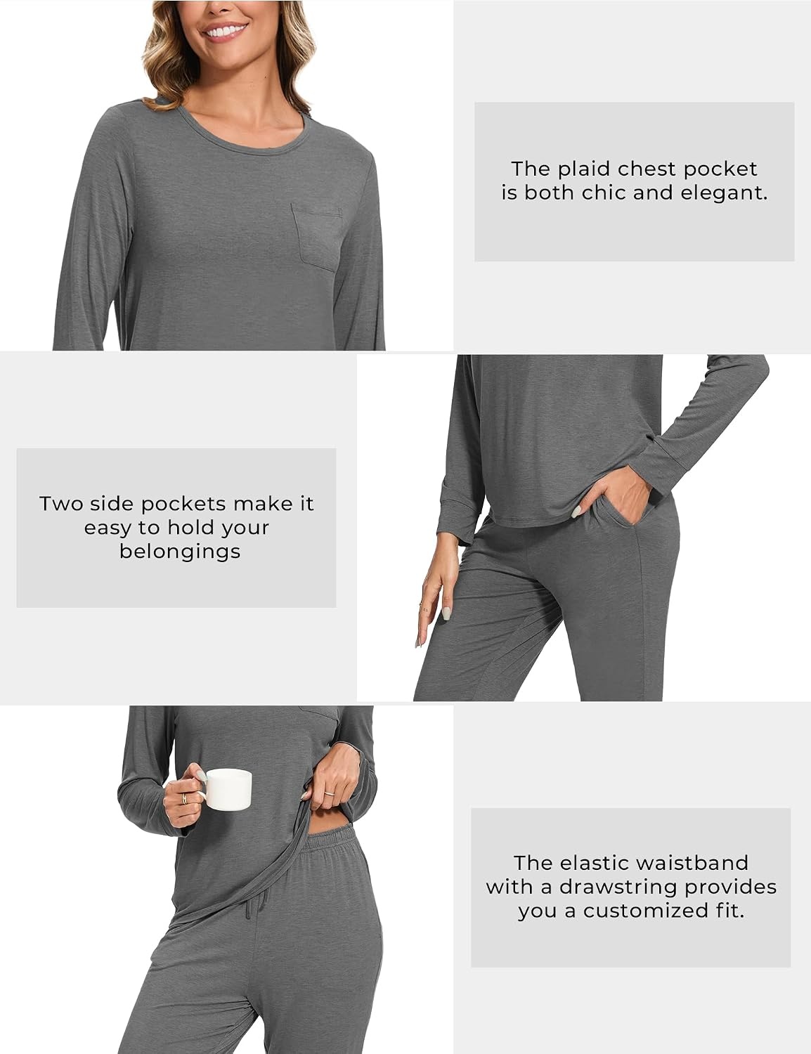 image:imageGYS Womens Bamboo Viscose Pajama Set Cooling for Hot Flashes Breathable Soft stretch Elastic waist with drawstring Jogger cuffs Chest amp side pockets for night sweats amp loungeDark Heather Grey