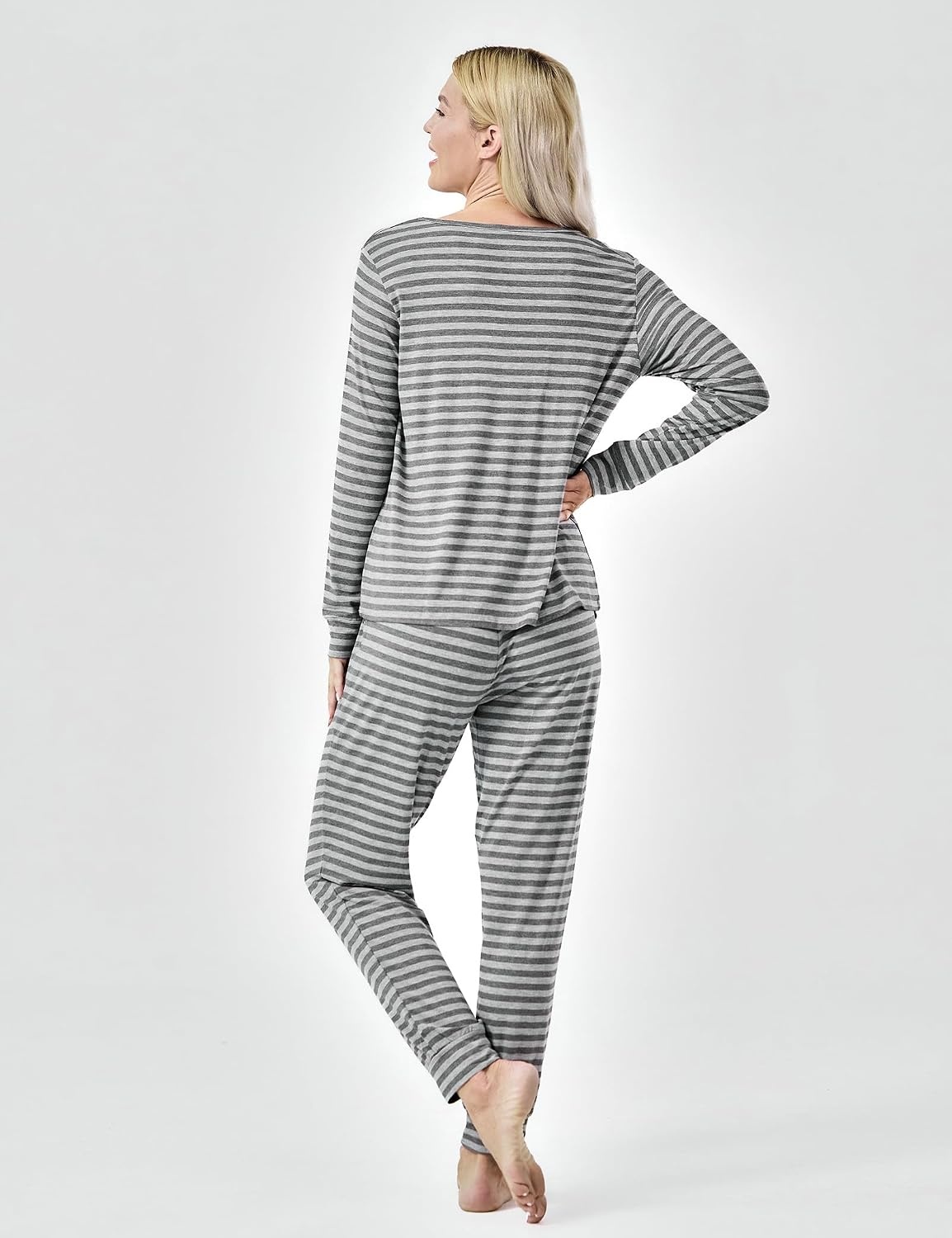 image:imageGYS Womens Bamboo Viscose Pajama Set Cooling for Hot Flashes Breathable Soft stretch Elastic waist with drawstring Jogger cuffs Chest amp side pockets for night sweats amp loungeHeather Grey Stripe
