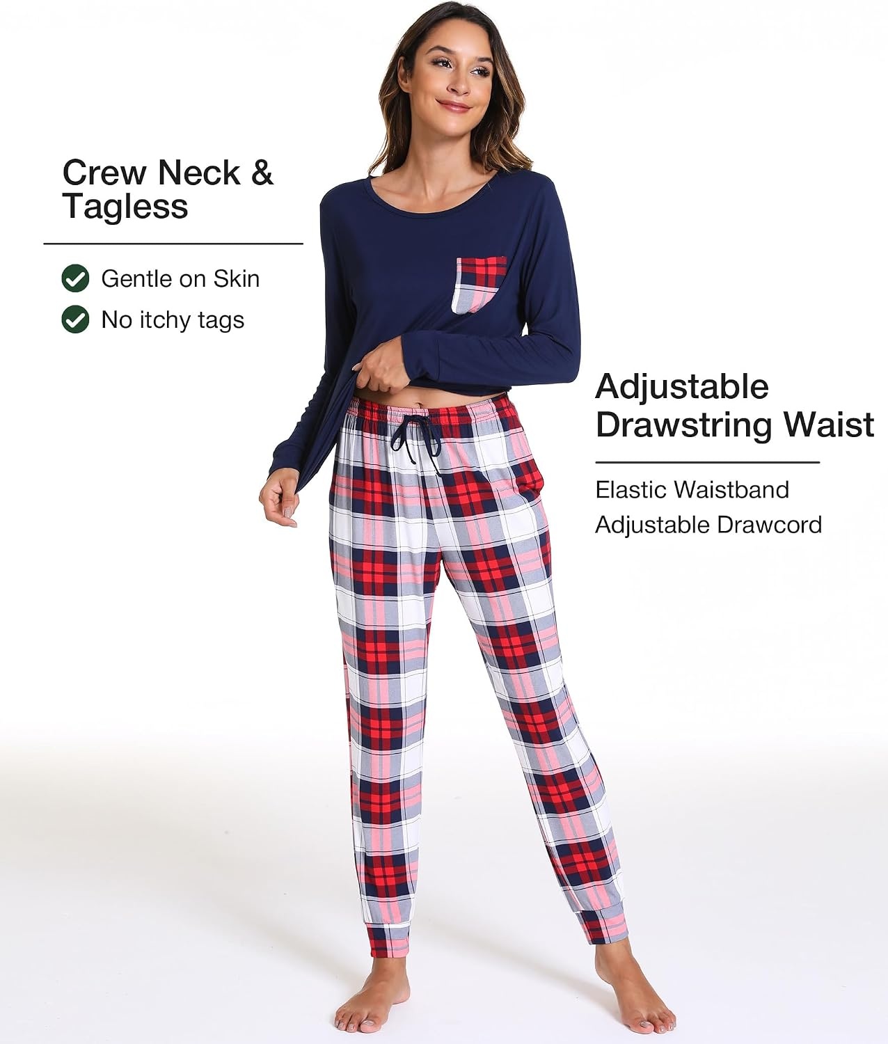 image:imageGYS Womens Bamboo Viscose Pajama Set Cooling for Hot Flashes Breathable Soft stretch Elastic waist with drawstring Jogger cuffs Chest amp side pockets for night sweats amp loungeWhite Red Plaid