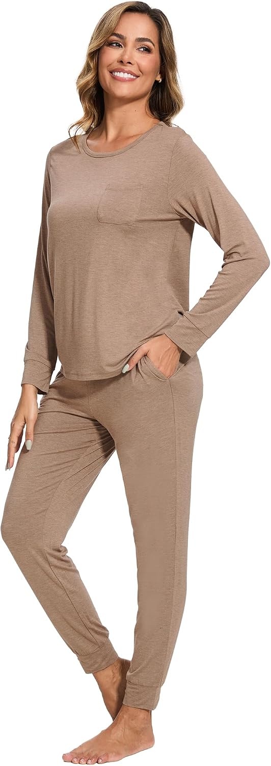 image:imageGYS Womens Bamboo Viscose Pajama Set Cooling for Hot Flashes Breathable Soft stretch Elastic waist with drawstring Jogger cuffs Chest amp side pockets for night sweats amp loungeCamel