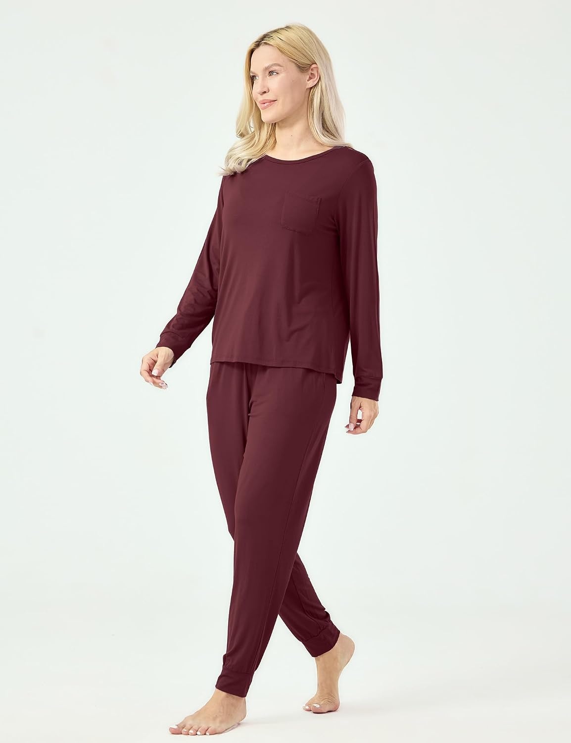 image:imageGYS Womens Bamboo Viscose Pajama Set Cooling for Hot Flashes Breathable Soft stretch Elastic waist with drawstring Jogger cuffs Chest amp side pockets for night sweats amp loungeFicus Red