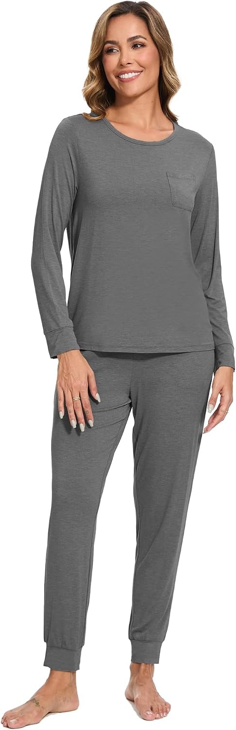 image:imageGYS Womens Bamboo Viscose Pajama Set Cooling for Hot Flashes Breathable Soft stretch Elastic waist with drawstring Jogger cuffs Chest amp side pockets for night sweats amp loungeDark Heather Grey