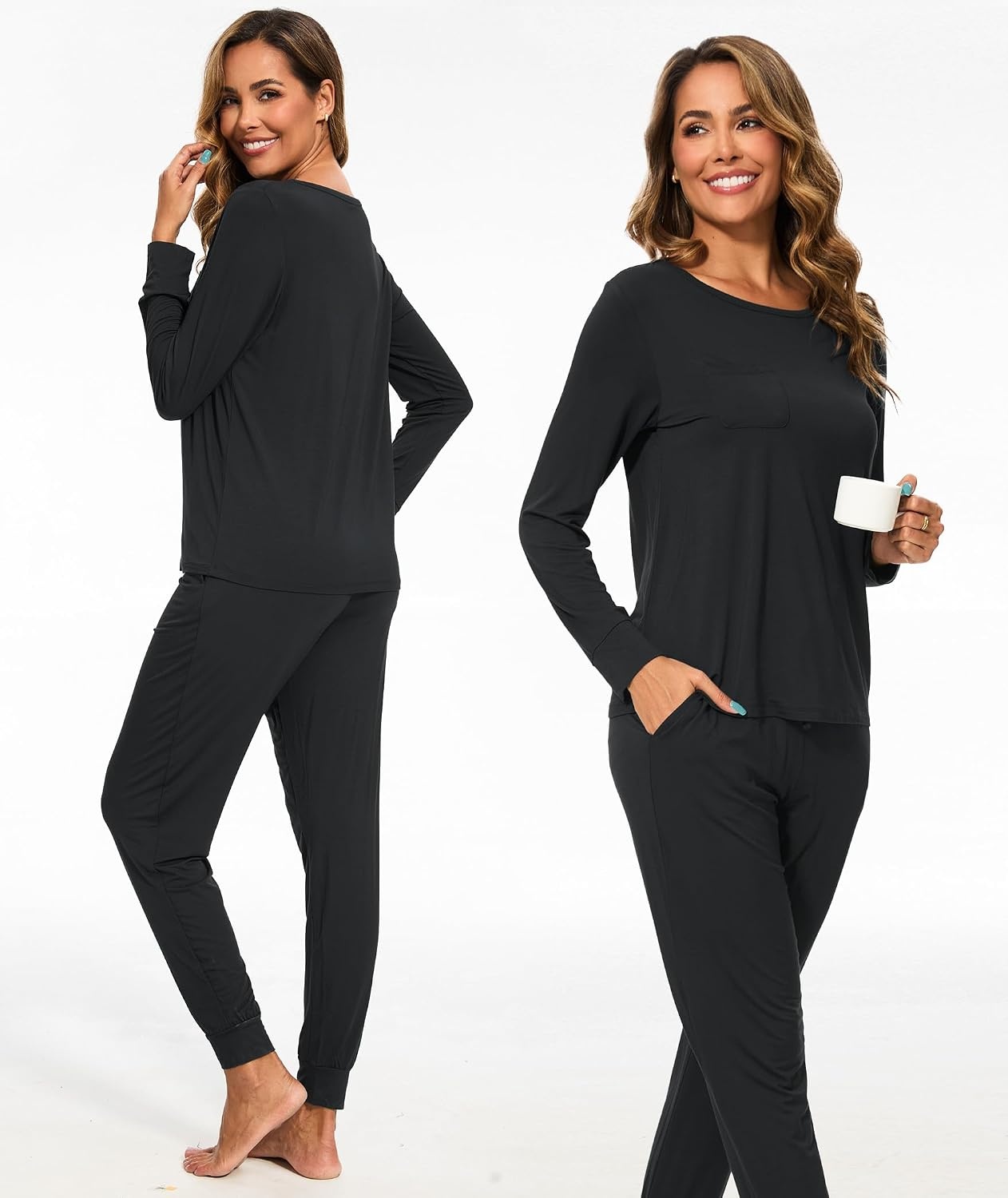 image:imageGYS Womens Bamboo Viscose Pajama Set Cooling for Hot Flashes Breathable Soft stretch Elastic waist with drawstring Jogger cuffs Chest amp side pockets for night sweats amp loungeBlack