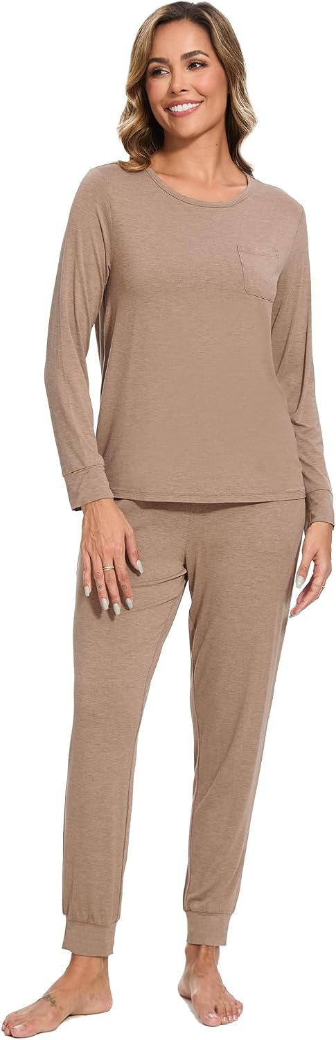 image:imageGYS Womens Bamboo Viscose Pajama Set Cooling for Hot Flashes Breathable Soft stretch Elastic waist with drawstring Jogger cuffs Chest amp side pockets for night sweats amp loungeCamel