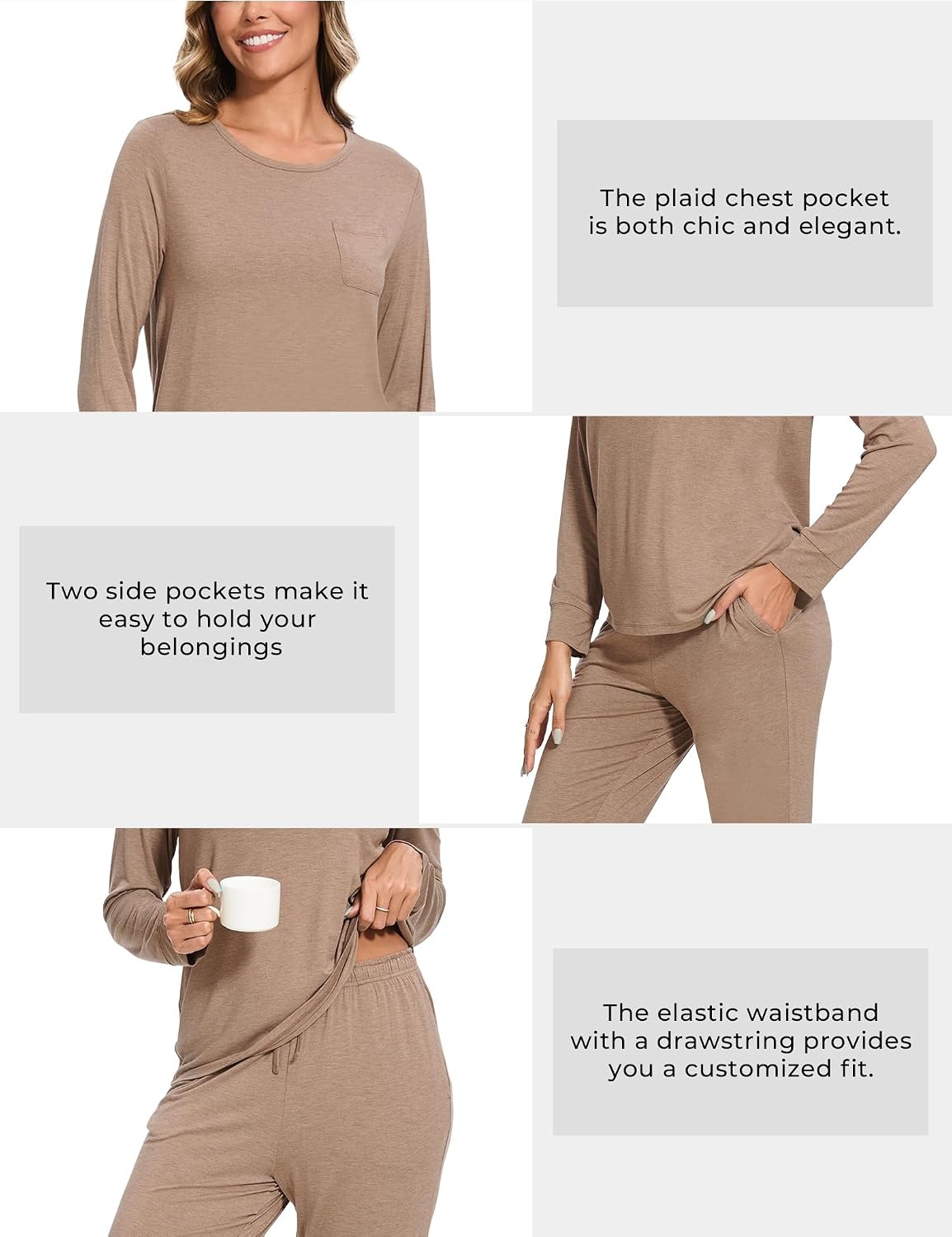 image:imageGYS Womens Bamboo Viscose Pajama Set Cooling for Hot Flashes Breathable Soft stretch Elastic waist with drawstring Jogger cuffs Chest amp side pockets for night sweats amp loungeCamel