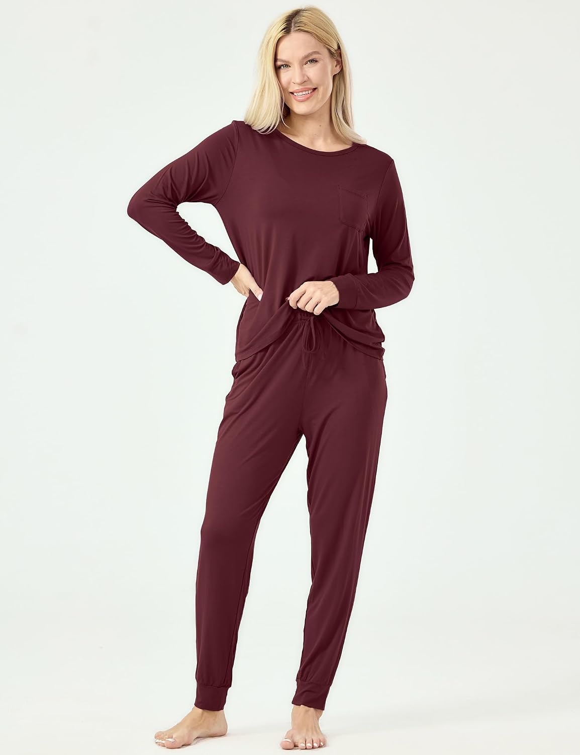 image:imageGYS Womens Bamboo Viscose Pajama Set Cooling for Hot Flashes Breathable Soft stretch Elastic waist with drawstring Jogger cuffs Chest amp side pockets for night sweats amp loungeFicus Red