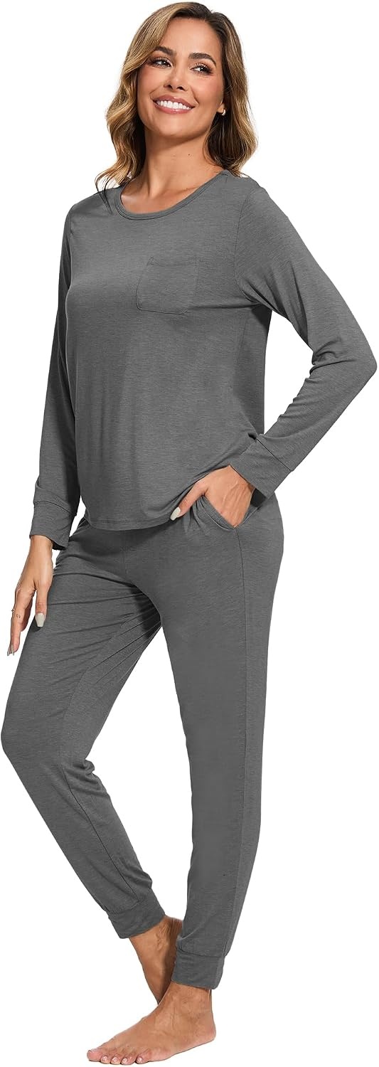 image:imageGYS Womens Bamboo Viscose Pajama Set Cooling for Hot Flashes Breathable Soft stretch Elastic waist with drawstring Jogger cuffs Chest amp side pockets for night sweats amp loungeDark Heather Grey
