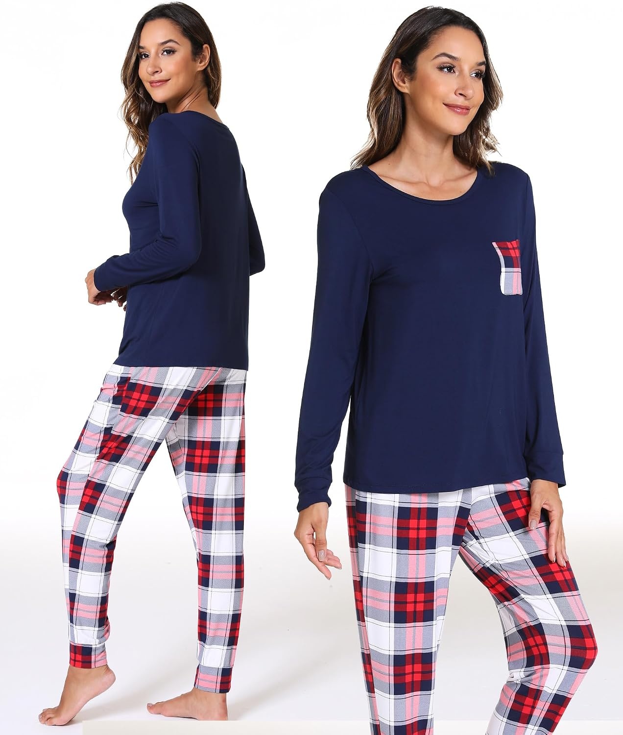 image:imageGYS Womens Bamboo Viscose Pajama Set Cooling for Hot Flashes Breathable Soft stretch Elastic waist with drawstring Jogger cuffs Chest amp side pockets for night sweats amp loungeWhite Red Plaid