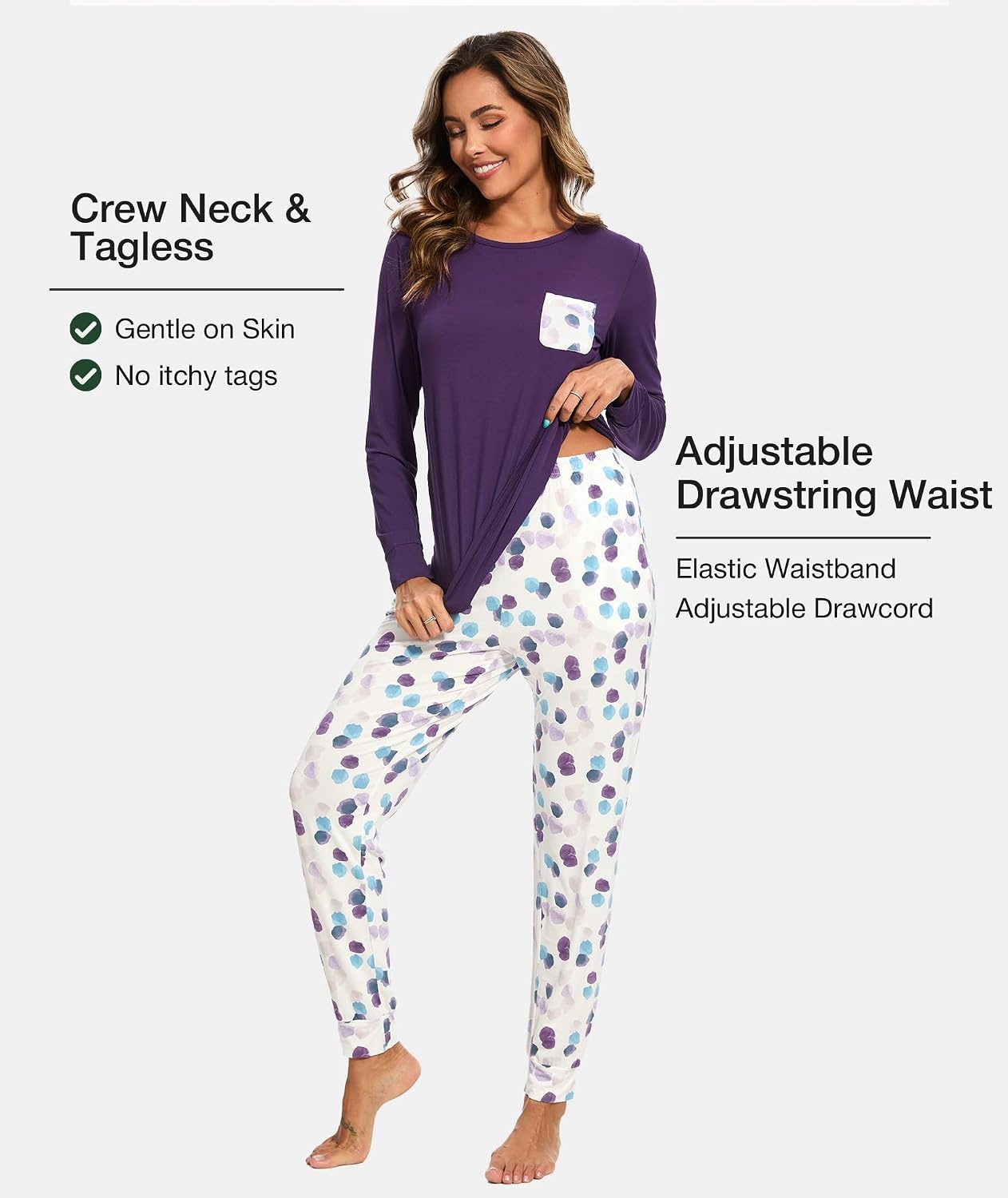 image:imageGYS Womens Bamboo Viscose Pajama Set Cooling for Hot Flashes Breathable Soft stretch Elastic waist with drawstring Jogger cuffs Chest amp side pockets for night sweats amp loungePurple Dots