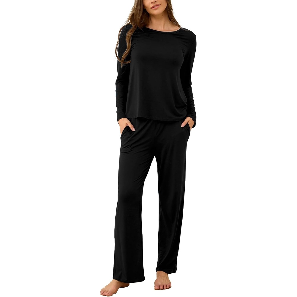 image:imageGYS Bamboo Viscose Pajamas for Women Set Long Sleeve Crew Neck Sleepwear  UltraSoft PJs Set with Pockets MoistureWicking Breathable Comfy Stretchy Night Sweats Hot SleepersBlack