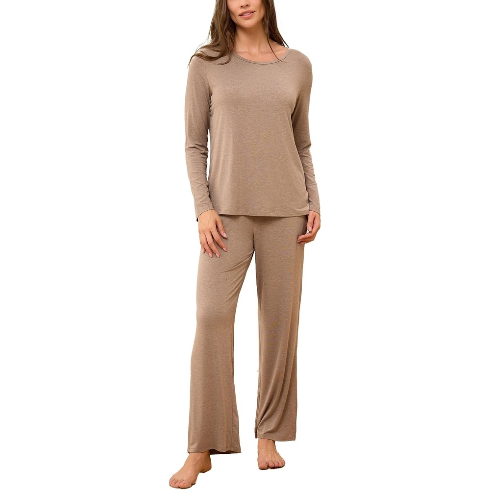 image:imageGYS Bamboo Viscose Pajamas for Women Set Long Sleeve Crew Neck Sleepwear UltraSoft PJs Set with Pockets MoistureWicking Breathable Comfy Stretchy Night Sweats Hot SleepersCamel