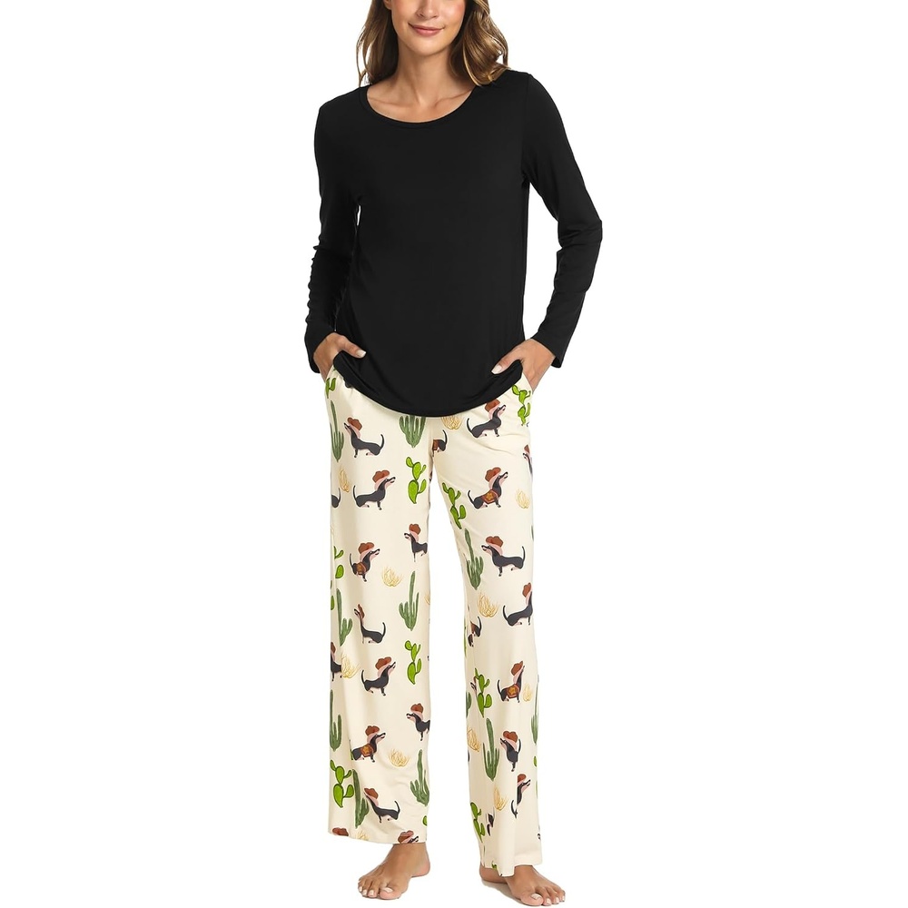 image:imageGYS Bamboo Viscose Pajamas for Women Set Long Sleeve Crew Neck Sleepwear UltraSoft PJs Set with Pockets MoistureWicking Breathable Comfy Stretchy Night Sweats Hot SleepersBlackCactus