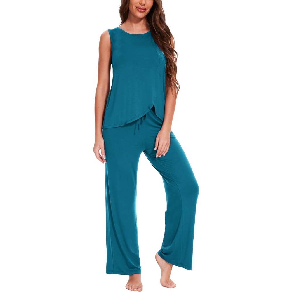 image:imageGYS Bamboo Viscose Pajamas for Women Set Sleeveless Lightweight Sleepwear MoistureWicking PJs Set UltraSoft Soft Tank and Drawstring Pants Set Hot Sleepers Night SweatsTeal Blue
