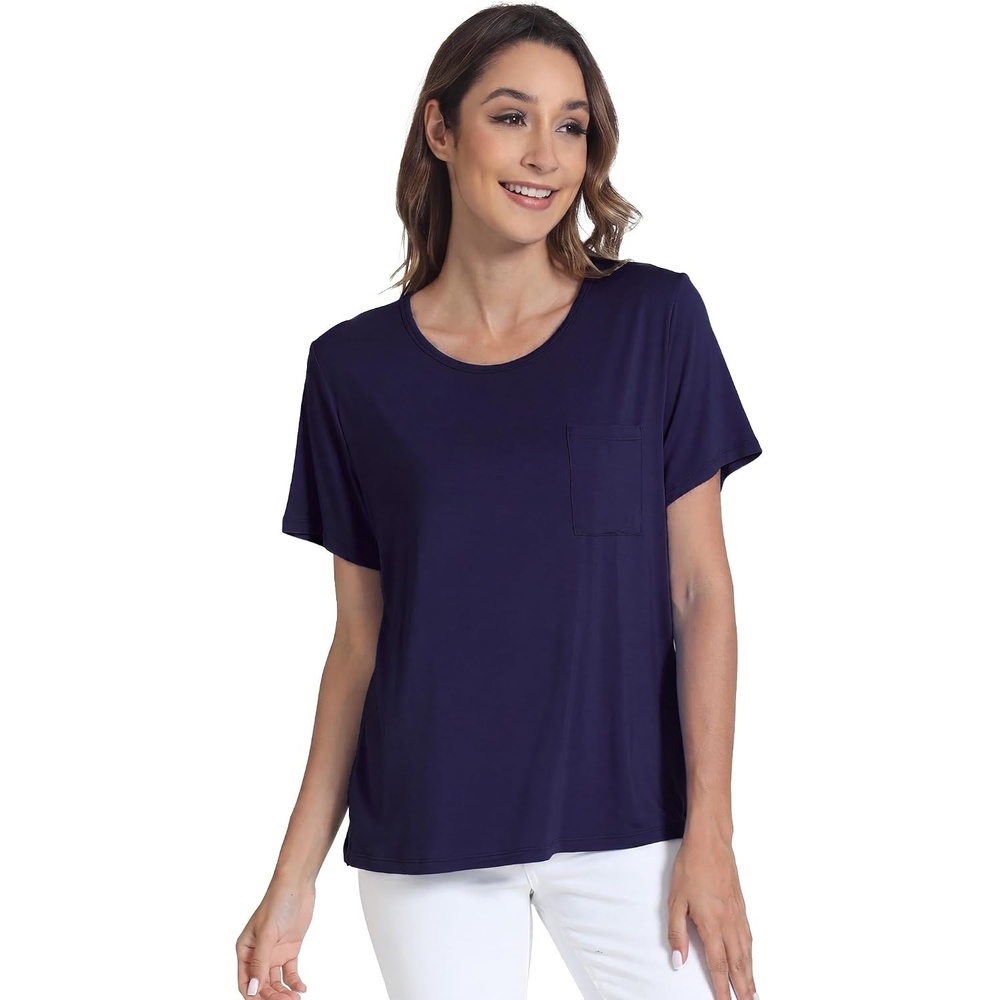 image:imageGYS Bamboo Viscose Womens Pajama Tops Soft Cooling Short Sleeve TShirts MoistureWicking Sleep Shirt Casual Crew Neck Tees MoistureWicking Lounge Top Comfy Stretchy PJ TopsNavy