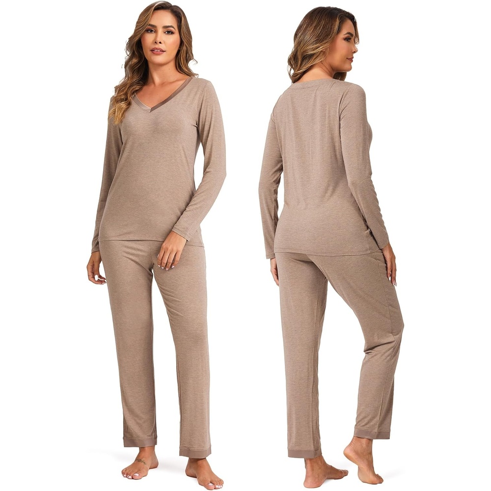 image:imageGYS Womens Bamboo Viscose Long Sleeve Pajamas Set Super Soft Sleepwear Cooling Pjs for Hot Flashes amp Night Sweats MoistureWicking for Menopause OEKOTEX CertifiedB V Neck Camel