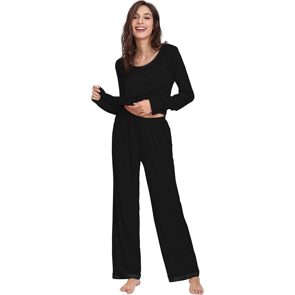 image:imageGYS Womens Bamboo Viscose Long Sleeve Pajamas Set Super Soft Sleepwear Cooling Pjs for Hot Flashes amp Night Sweats MoistureWicking for Menopause OEKOTEX CertifiedA Round Neck Black