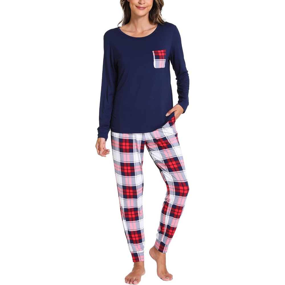 image:imageGYS Womens Bamboo Viscose Pajama Set Cooling for Hot Flashes Breathable Soft stretch Elastic waist with drawstring Jogger cuffs Chest amp side pockets for night sweats amp loungeWhite Red Plaid