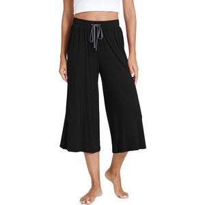 GYS Bamboo Viscose Capri Pajama Pants for Women, Wide Leg Lounge Pants | Comfy Drawstring PJ Bottoms with Pockets, Ultra-Soft, Cooling, Moisture-Wicking, Stretchy Yoga Pants(Black)