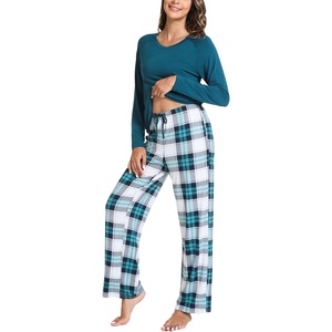 GYS Bamboo Viscose Cooling Long Sleeve Pajamas for Women | Soft Pjs Set, Moisture-Wicking Sleepwear for Night Sweats & Hot Flashes, Breathable, Lounge Sets, Cozy Jammies(A- White Green Plaid)