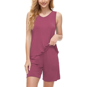 GYS Bamboo Viscose Pajamas for Women Set, Sleeveless Summer Sleepwear | Lightweight PJs Set, Ultra-Soft Tank Top and Shorts Set, Cooling, Moisture-Wicking, Comfy(Haze Red)