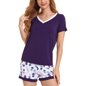 GYS Bamboo Viscose Pajamas for Women Set, Ultra-Soft Lightweight Sleepwear | Comfy Short Sleeve and Shorts Loungewear, Moisture Wicking PJs Set for Hot Sleeper, Cooling Breathable Nightwear(Purple Dots)