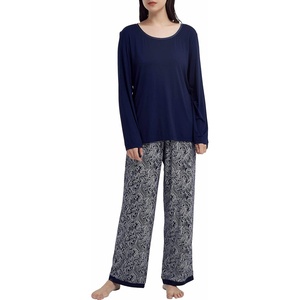 GYS Women’s Bamboo Viscose Long Sleeve Pajamas Set | Super Soft Sleepwear, Cooling Pjs for Hot Flashes & Night Sweats, Moisture-Wicking for Menopause, OEKO-TEX Certified(A- Round Neck- Navy/Waves)