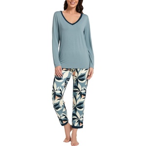 GYS Women’s Bamboo Viscose Long Sleeve Pajamas Set | Super Soft Sleepwear, Cooling Pjs for Hot Flashes & Night Sweats, Moisture-Wicking for Menopause, OEKO-TEX Certified(D- Pewter/Plants)