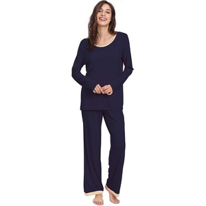 GYS Women’s Bamboo Viscose Long Sleeve Pajamas Set | Super Soft Sleepwear, Cooling Pjs for Hot Flashes & Night Sweats, Moisture-Wicking for Menopause, OEKO-TEX Certified(A- Round Neck – Navy)