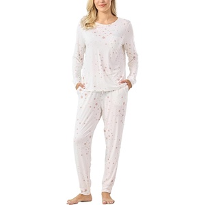 GYS Women’s Bamboo Viscose Pajama Set, Cooling for Hot Flashes | Breathable, Soft stretch, Elastic waist with drawstring, Jogger cuffs, Chest & side pockets, for night sweats & lounge(White Stars)