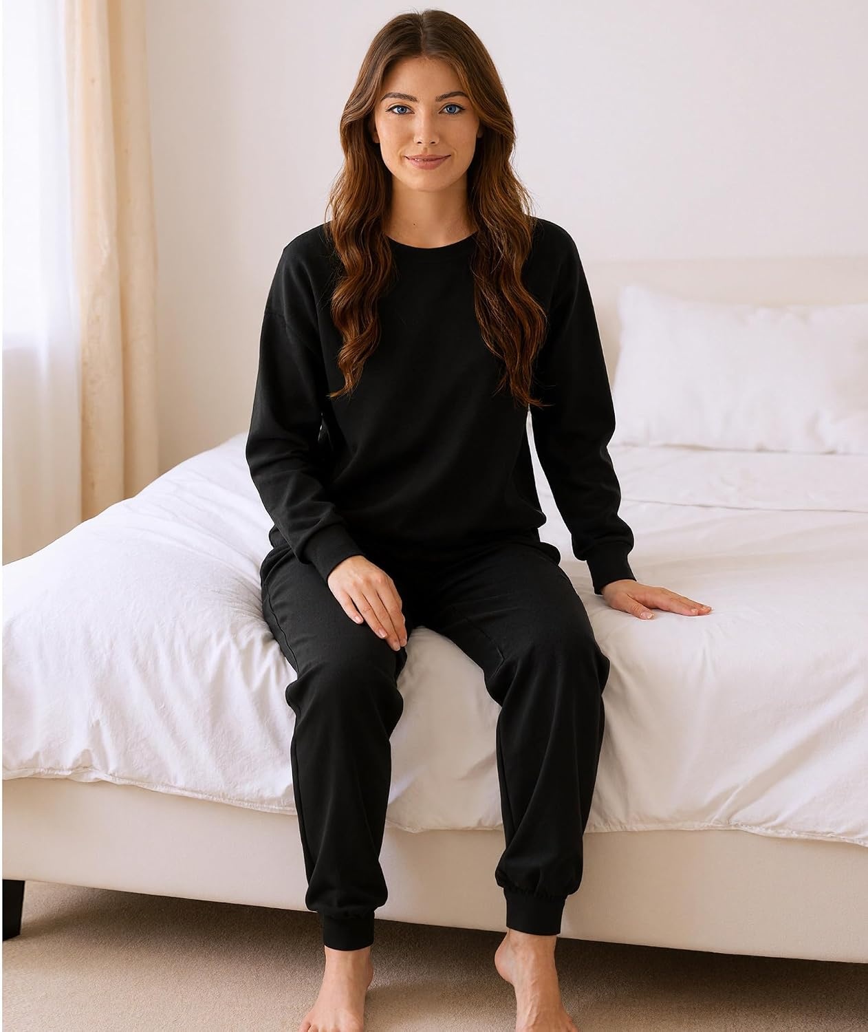 image:imageGYS 2Piece Sets Womens Sweatsuit Matching Lounge Set Fall Travel Outfits UltraSoft Modal Cotton MoistureWicking Breathable Comfy Stretchy Long Sleeve Crew Neck Loungewear SetBlack