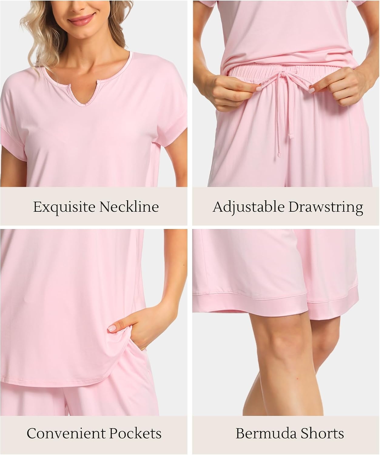 image:imageGYS Bamboo Viscose Pajamas for Women Cooling Bermuda Short Pajamas Sets Summer Short Sleeve PJs Set MoistureWicking Ladies Sleepwear Comfy Sleep Set for Hot Sleepers Night SweatsPink