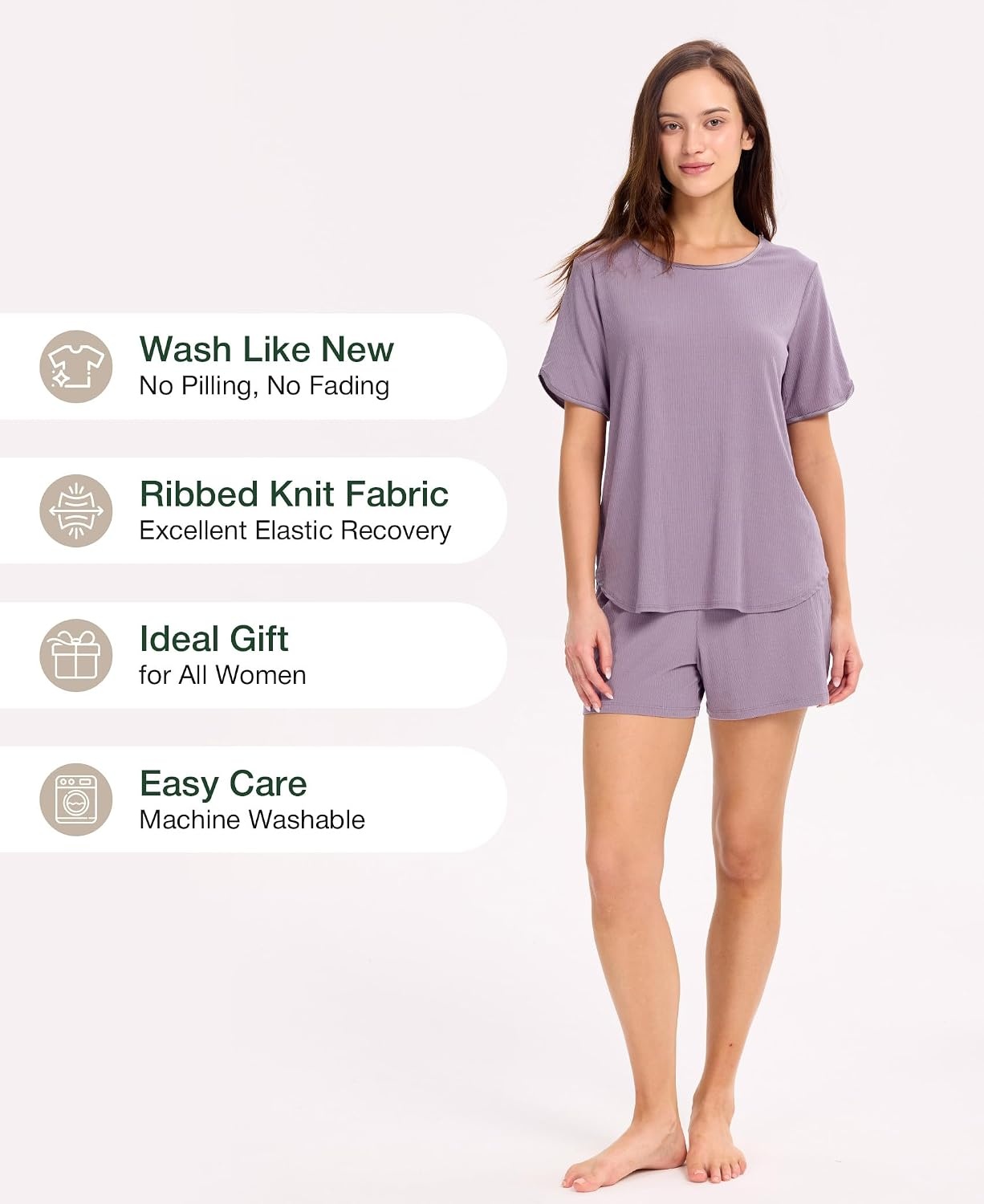 image:imageGYS Bamboo Viscose Sleepwear for Women Pajamas Shorts Set with Pockets Ribbed Knit Satin Crew Neck Night Sweats amp Hot Sleepers Friendly MoistureWicking Silky Soft Sleep Lounge SetsPurple